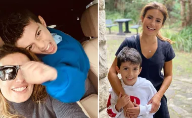 "A woman smiles with a young boy, first in a car wearing sunglasses, then outdoors with arms around him in a hoodie."