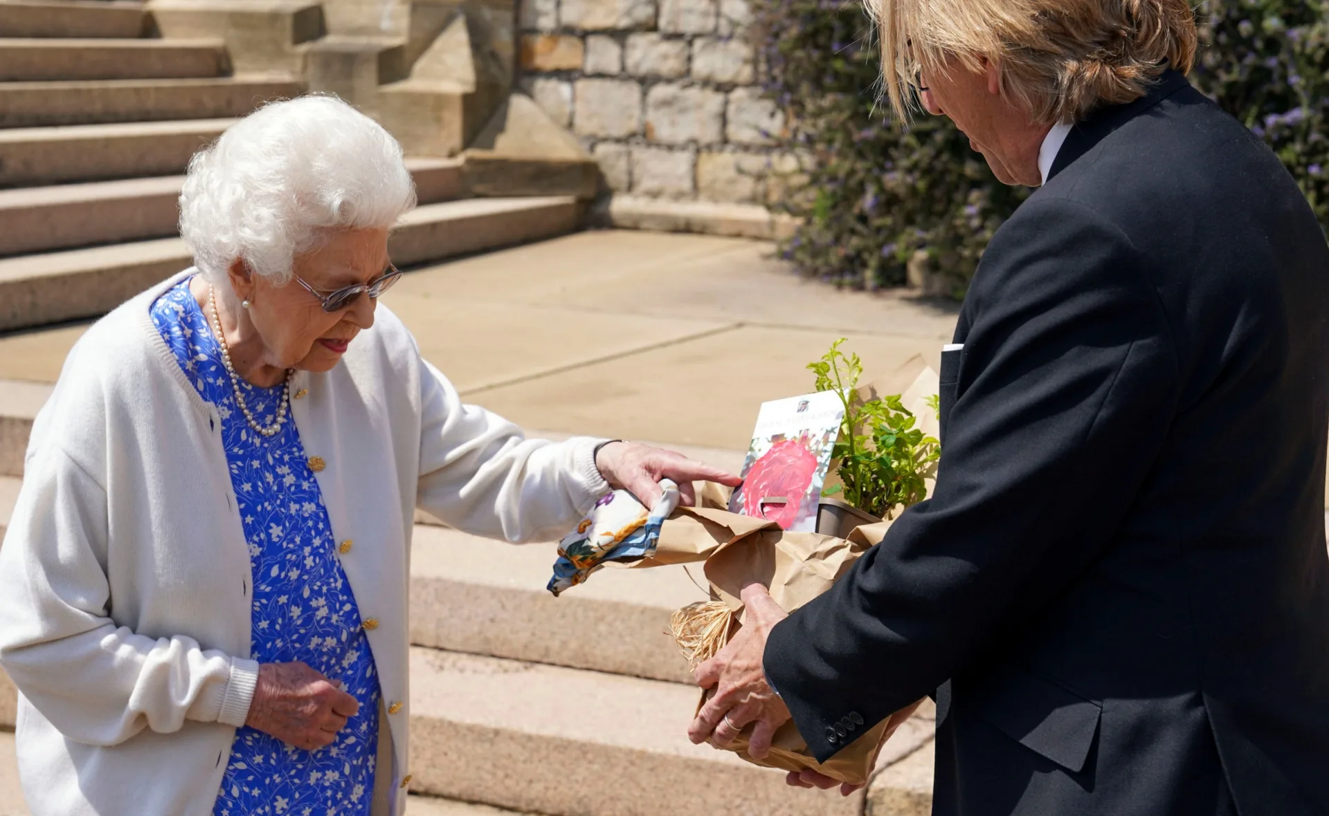 An elderly woman in white cardigan receives a rose plant in a pot wrapped in paper from a man in a suit outdoors.