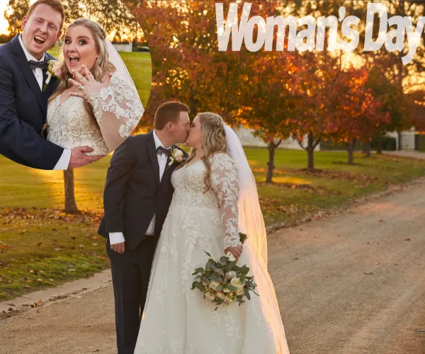 Bride and groom kissing on a scenic autumn path, inset shows them joyfully posing in wedding attire.