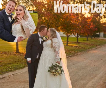 Bride and groom kissing on a scenic autumn path, inset shows them joyfully posing in wedding attire.