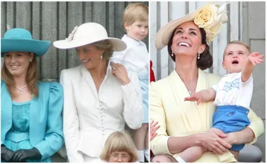 Two separate images of women in elegant hats at a formal event, with children nearby.
