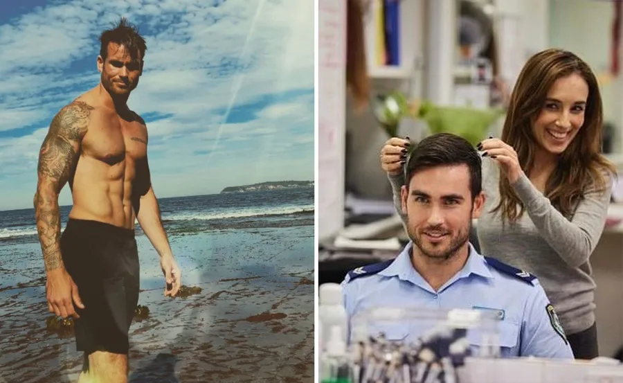 Man with tattoos at the beach and a woman styling a man's hair in a police uniform indoors.