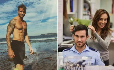 Man with tattoos at the beach and a woman styling a man's hair in a police uniform indoors.