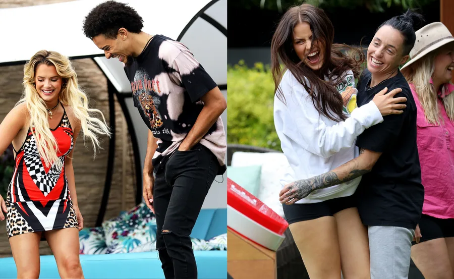 Couples enjoying time outdoors; two people smiling and two others laughing and embracing beside a garden setting.