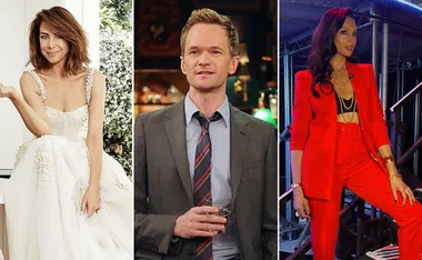 Three people: woman in a white dress, man in suit with drink, woman in red outfit on a stage.