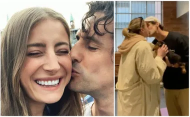 Couple sharing affectionate moments; woman smiling, man kissing her cheek, and couple kissing while holding a small dog.
