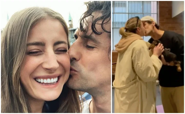 Couple sharing affectionate moments; woman smiling, man kissing her cheek, and couple kissing while holding a small dog.