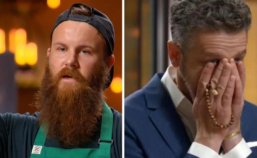 "Bearded man in apron, somber, beside older man in suit, hands covering face in emotion."