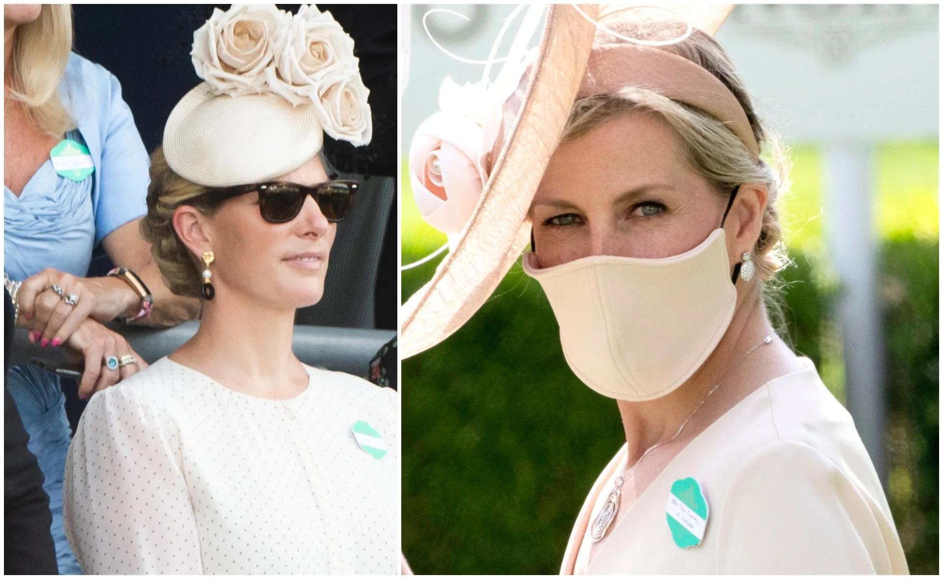 Women in elegant outfits and hats, one wearing sunglasses, another a mask, at Royal Ascot 2021.