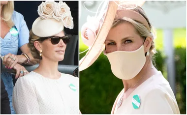 Women in elegant outfits and hats, one wearing sunglasses, another a mask, at Royal Ascot 2021.