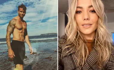 Shirtless tattooed man on a beach; woman with long blonde hair takes a selfie indoors.