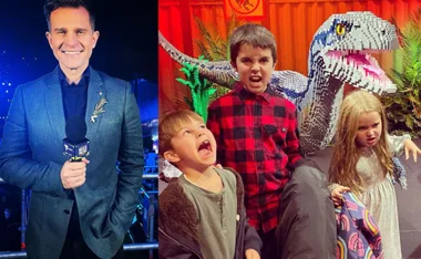 Man holding a microphone at an event; three kids posing playfully with a Lego dinosaur.