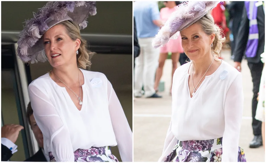 Woman in white blouse and floral hat at Royal Ascot, smiling outdoors.