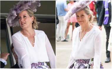 Woman in white blouse and floral hat at Royal Ascot, smiling outdoors.