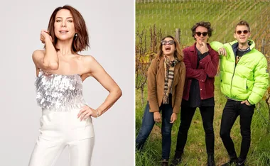 "Split image: Woman in silver top poses; three people, one in a neon jacket, laugh in a vineyard."