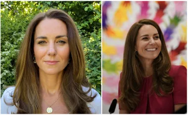 Kate Middleton outdoors and at an event, smiling and wearing elegant attire.