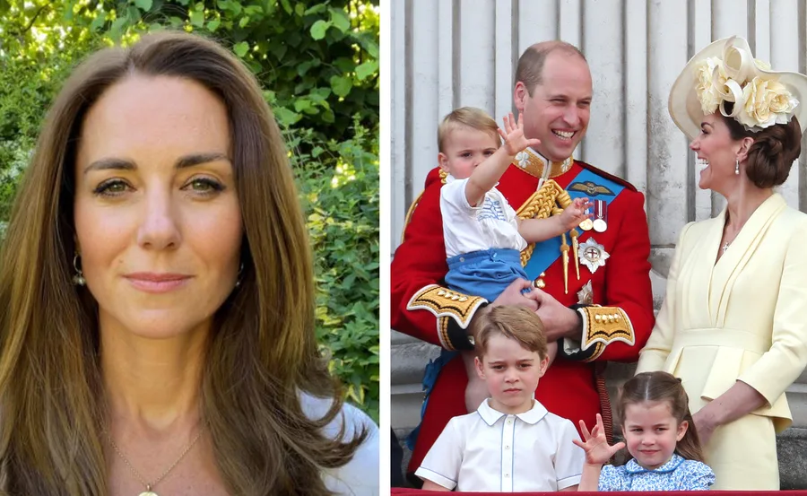 Kate Middleton smiling, wearing a gold necklace with her children and husband at a formal event.
