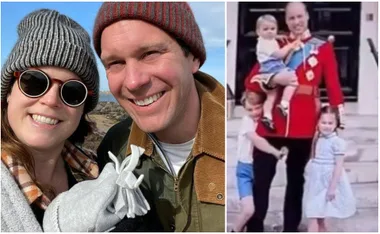 A couple in winter attire takes a selfie outdoors; a man in uniform with three children poses for a family photo.