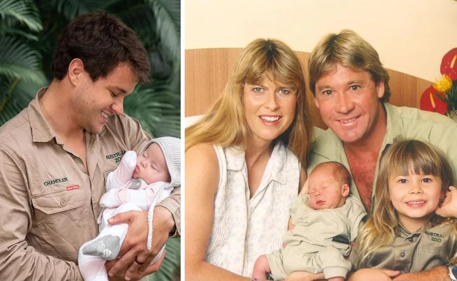 "Two photos: Man in Australian Zoo uniform holding baby; family with parents, two young children in similar setting."