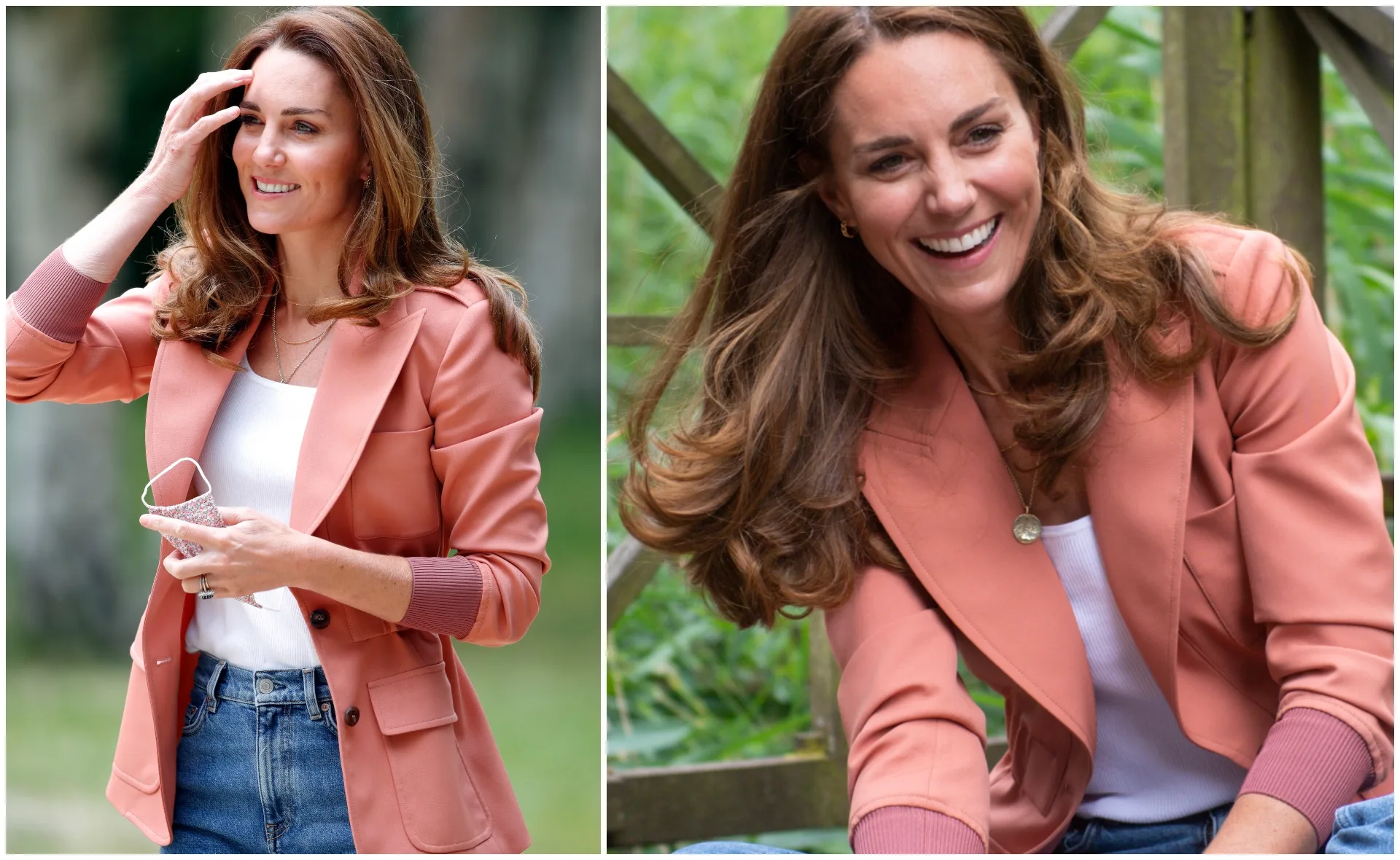 Woman in pink blazer and jeans smiling outdoors.