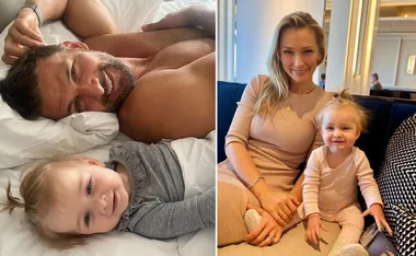 Man and baby lying in bed on left; woman with baby sitting on couch on right, both babies smiling.