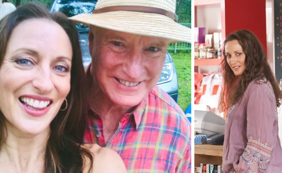"Georgie Parker in a pink dress, smiling with a co-star outdoors, and at a counter in 'Home and Away' scene."