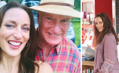 "Georgie Parker in a pink dress, smiling with a co-star outdoors, and at a counter in 'Home and Away' scene."