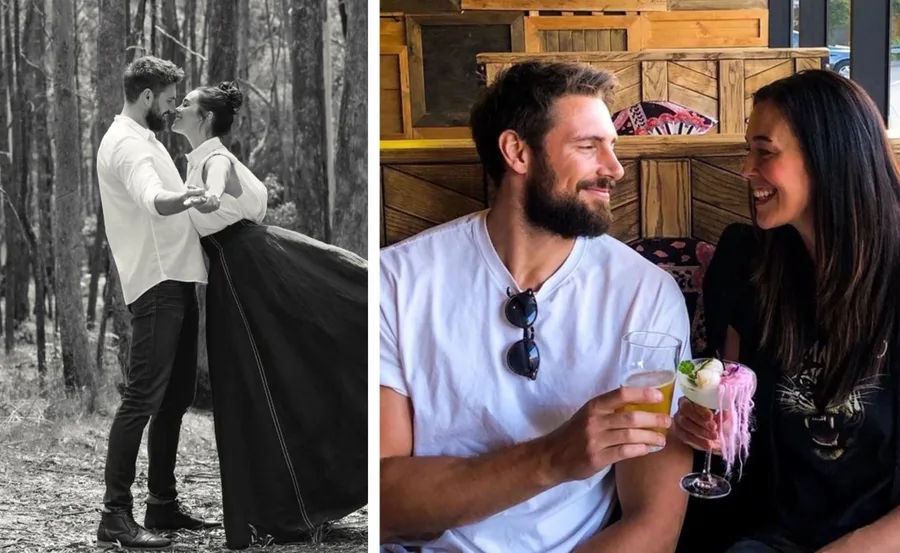 A couple shares a joyful moment outdoors and toasts with drinks indoors, smiling warmly at each other.