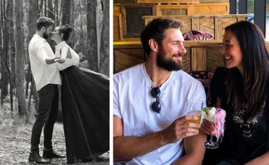 A couple shares a joyful moment outdoors and toasts with drinks indoors, smiling warmly at each other.
