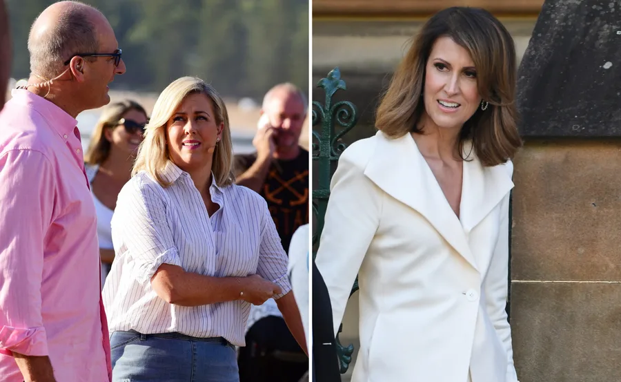 Two separate images: a woman with blonde hair talking to a bald man outdoors; another woman with brown hair in a white jacket.