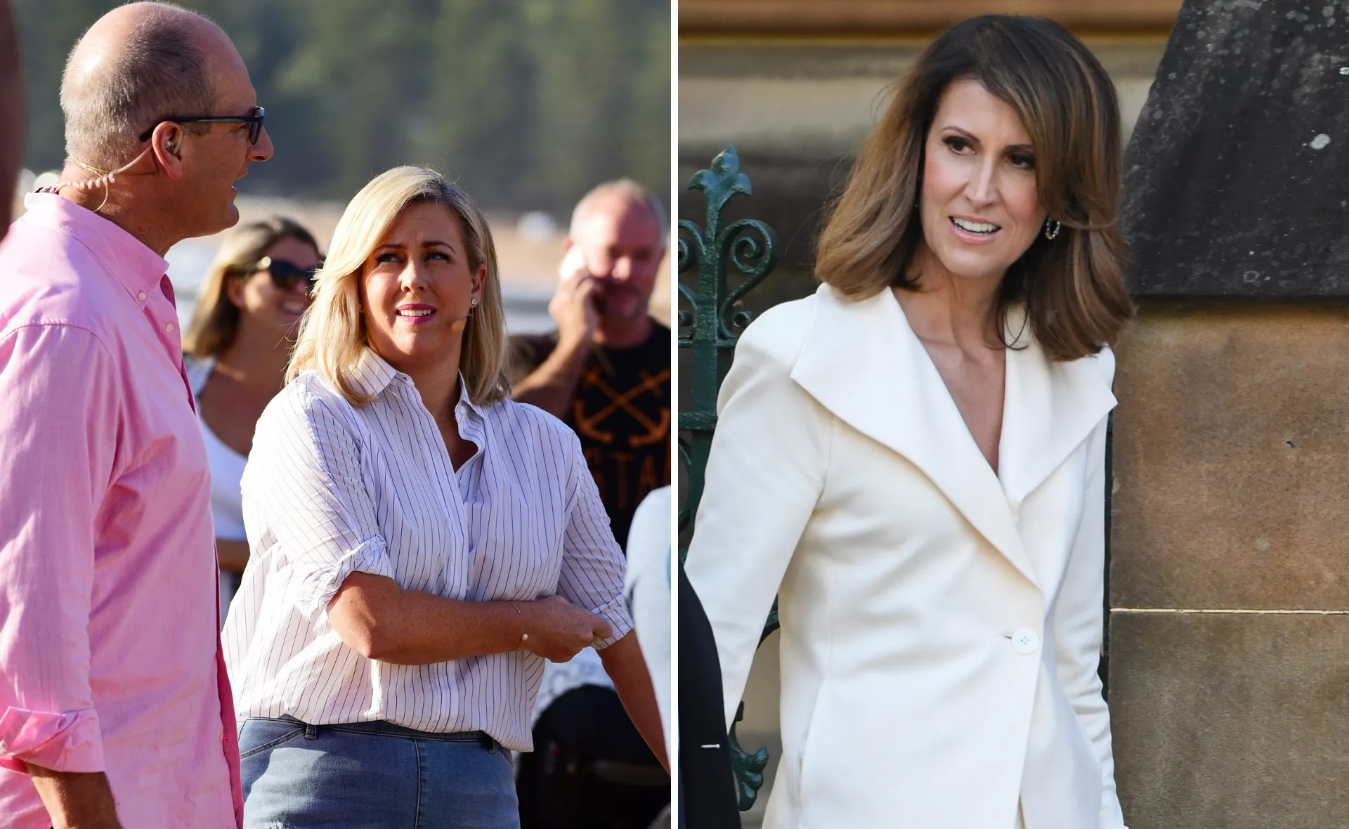 Two separate images: a woman with blonde hair talking to a bald man outdoors; another woman with brown hair in a white jacket.