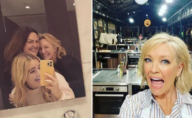 Group mirror selfie on left; blonde woman makes a playful face in a kitchen studio on right.