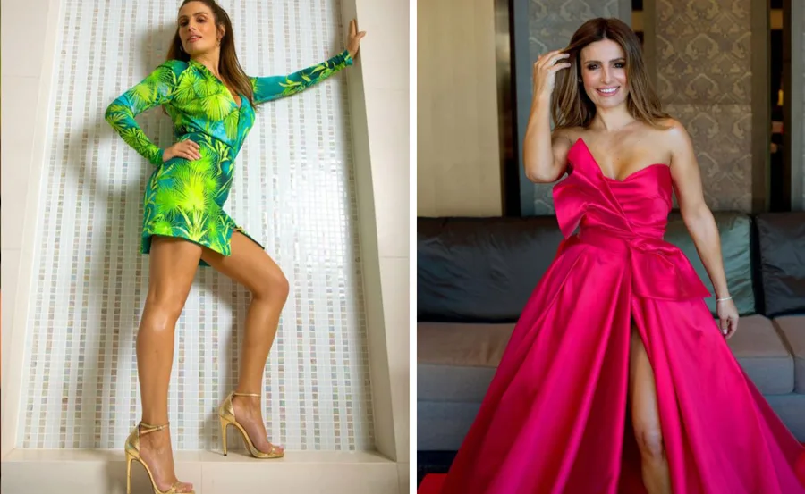 Woman in bright green tropical print dress; in second image, same woman in pink off-shoulder gown smiling indoors.