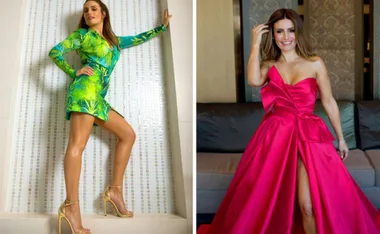 Woman in bright green tropical print dress; in second image, same woman in pink off-shoulder gown smiling indoors.