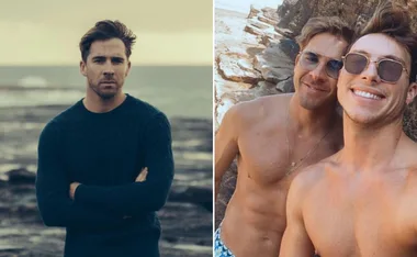 Two-image collage: left shows a man in a sweater by the sea; right shows two shirtless men smiling in sunglasses.