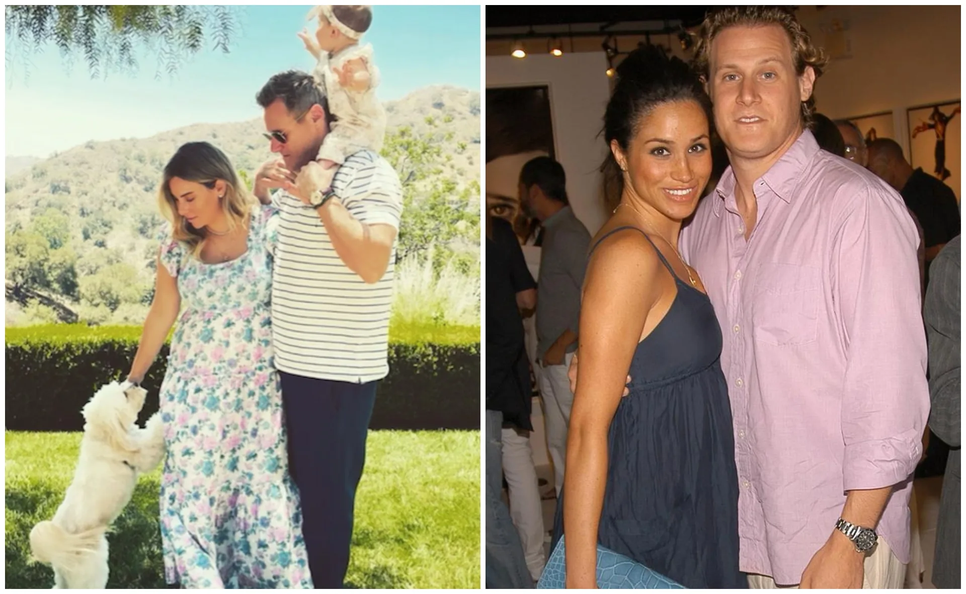 Family enjoying outdoors with dog on left; couple posing at event on right.