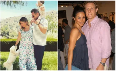 Family enjoying outdoors with dog on left; couple posing at event on right.