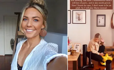 Selfie of a smiling woman; next to an image of her assembling a yellow vacuum with text about adulting.
