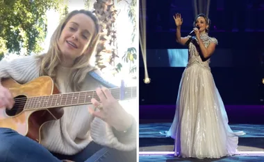 "Split image: Left shows a woman playing guitar outside; right shows her singing on stage in an elegant gown."