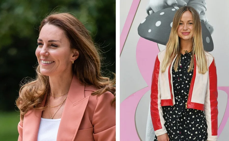 A smiling woman with wavy hair in a peach blazer and white top beside a woman in red and white jacket on a pink background.