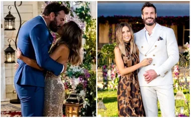 Couple kissing at floral archway on left; posing together, woman in leopard dress, man in white suit on right.