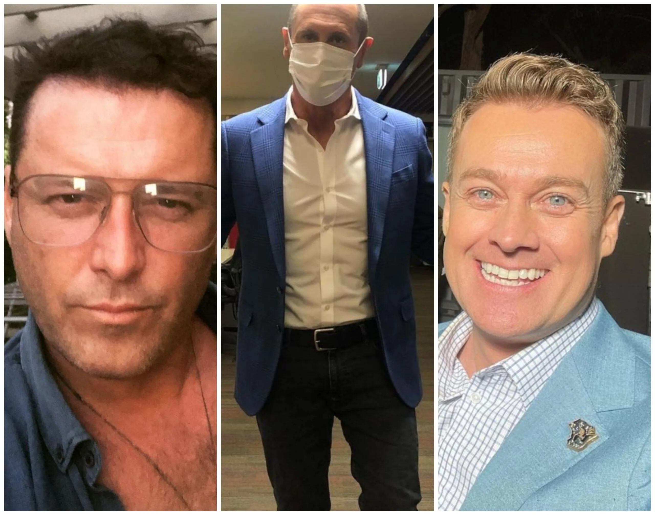 Three men in a collage; left wears glasses, middle wears a mask, right is smiling brightly.