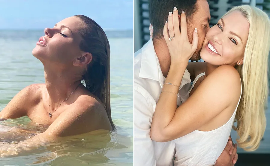 Woman enjoying the ocean on left; woman smiling and embracing a man on right.