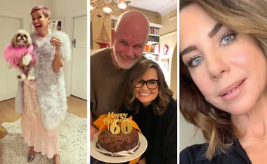 Three photos: a woman with a dog, a couple with a birthday cake, a close-up of another woman.