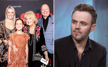 Four people pose at a "Chicago" musical event; a man is pictured separately on the right side.