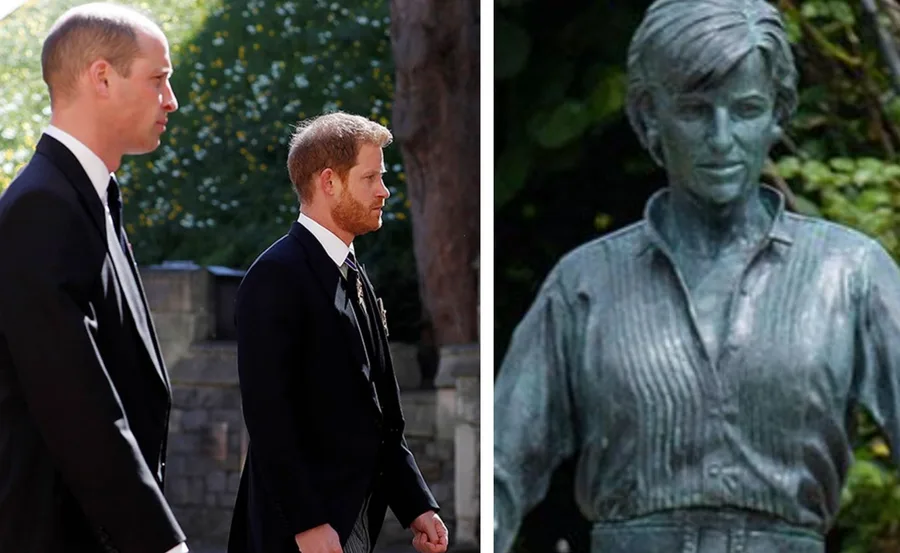 Two people in suits walking next to a statue of a woman in a garden setting.