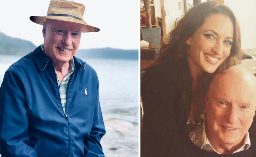 Man in a blue jacket by the sea; woman smiling with him indoors.
