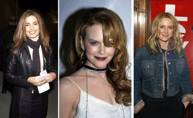 Three women in 2000s fashion: one in leather with a scarf, another in a white dress, and a third in a denim jacket.