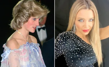 Two women in elegant outfits, one with short blonde hair and an off-the-shoulder dress, the other with long hair in a studded top.