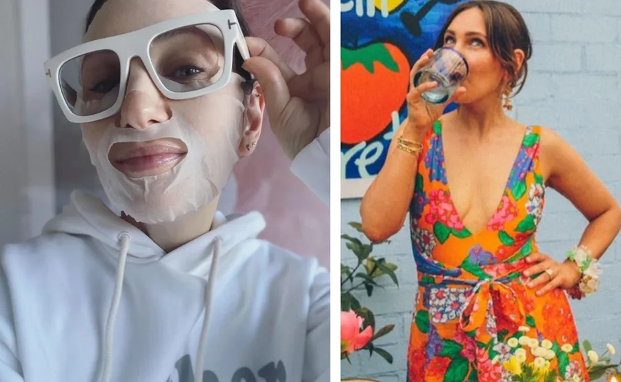 Woman wearing a sheet mask and sunglasses, another in a colorful floral dress sipping from a glass outside.
